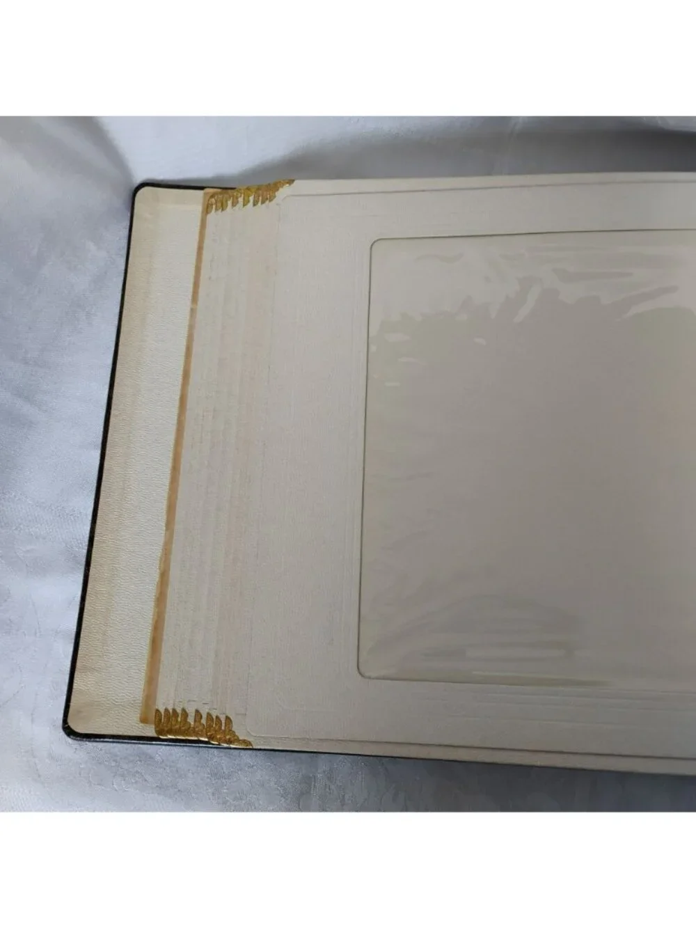 Vintage MCM Our Family Cowhide Leather Photo Album Brass Corners Gold Trim